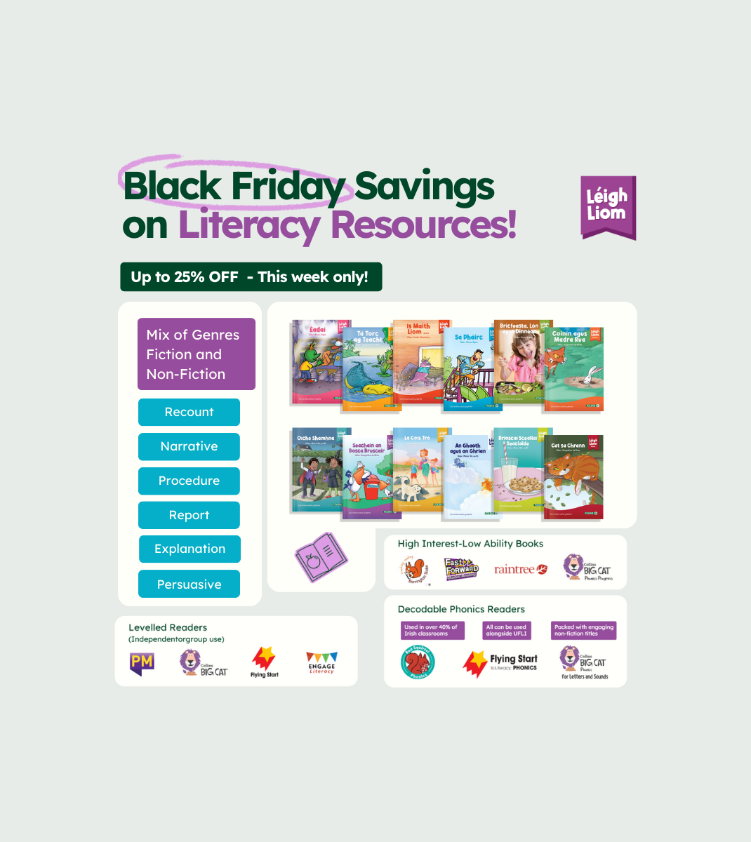 Colourful banner promoting Black Friday savings on literacy resources, featuring children’s books, genres list, and reading program logos.