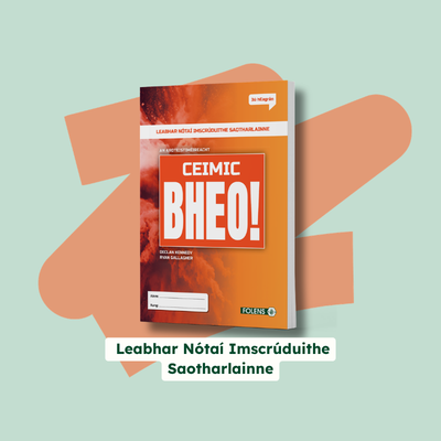 A book cover for Ceimic Bheo!, shown on a light green background with peach abstract shapes and a white text label below.