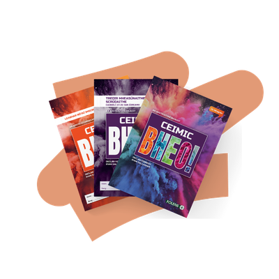 Three bookls fanned out on a peach-colored abstract shape against a black background. The front booklet is titled "CEMIC BHEO!" in large multicolored letters over a purple and blue cosmic design, with the other two behind it in orange and dark purple tones.