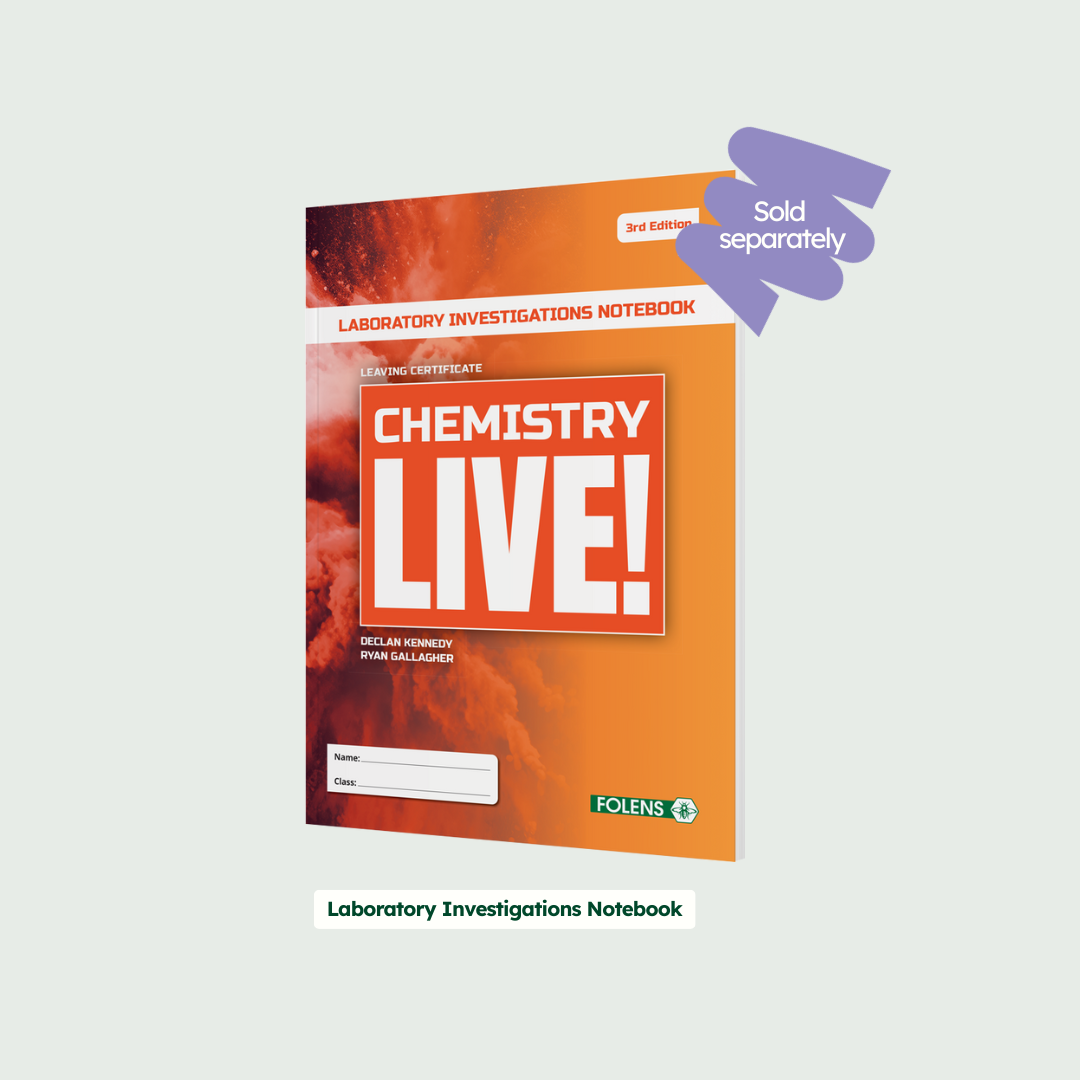 Bright orange Chemistry Live! Laboratory Investigations Notebook for Leaving Certificate, marked “Sold separately.”