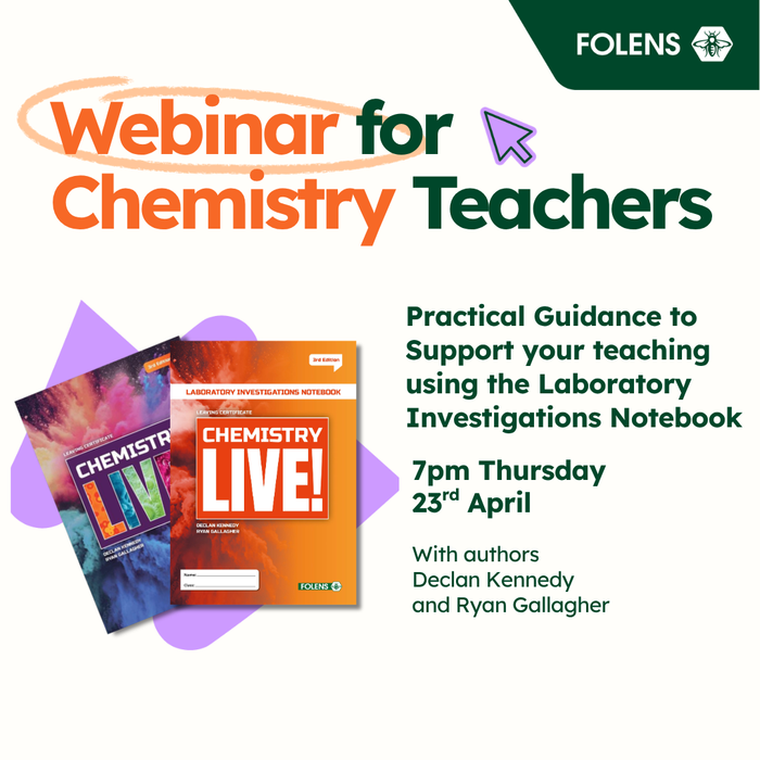 Chemistry live webinar poster for teachers with event details, date, and Folens laboratory investigations books displayed
