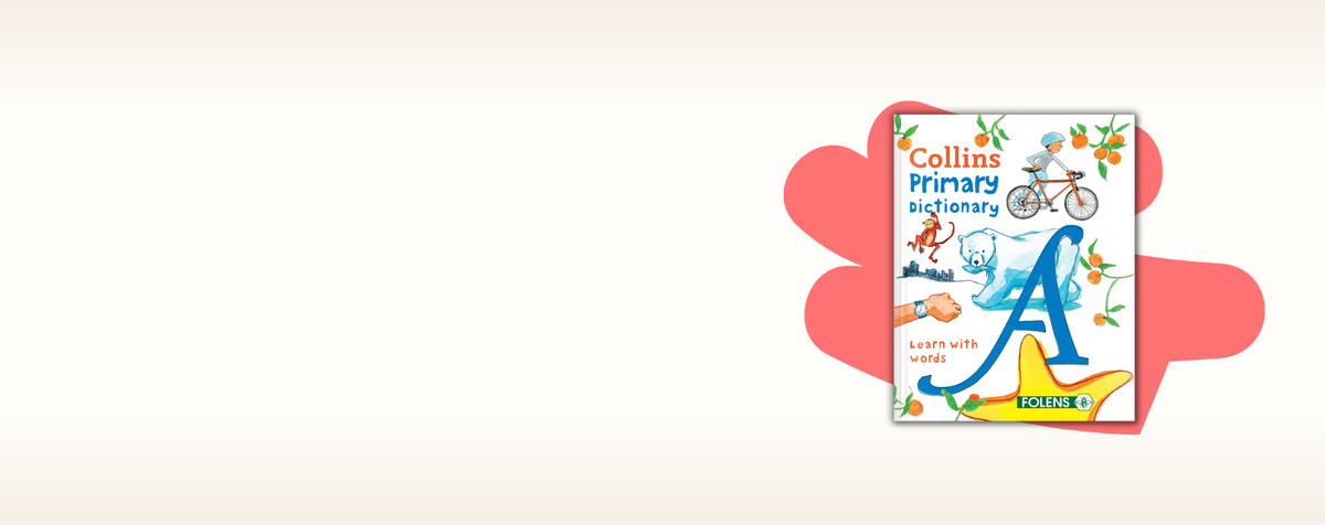 Collins Primary Dictionary Volume 1 A-Z book cover shown on a white background with a pink cloud-shaped graphic behind it.