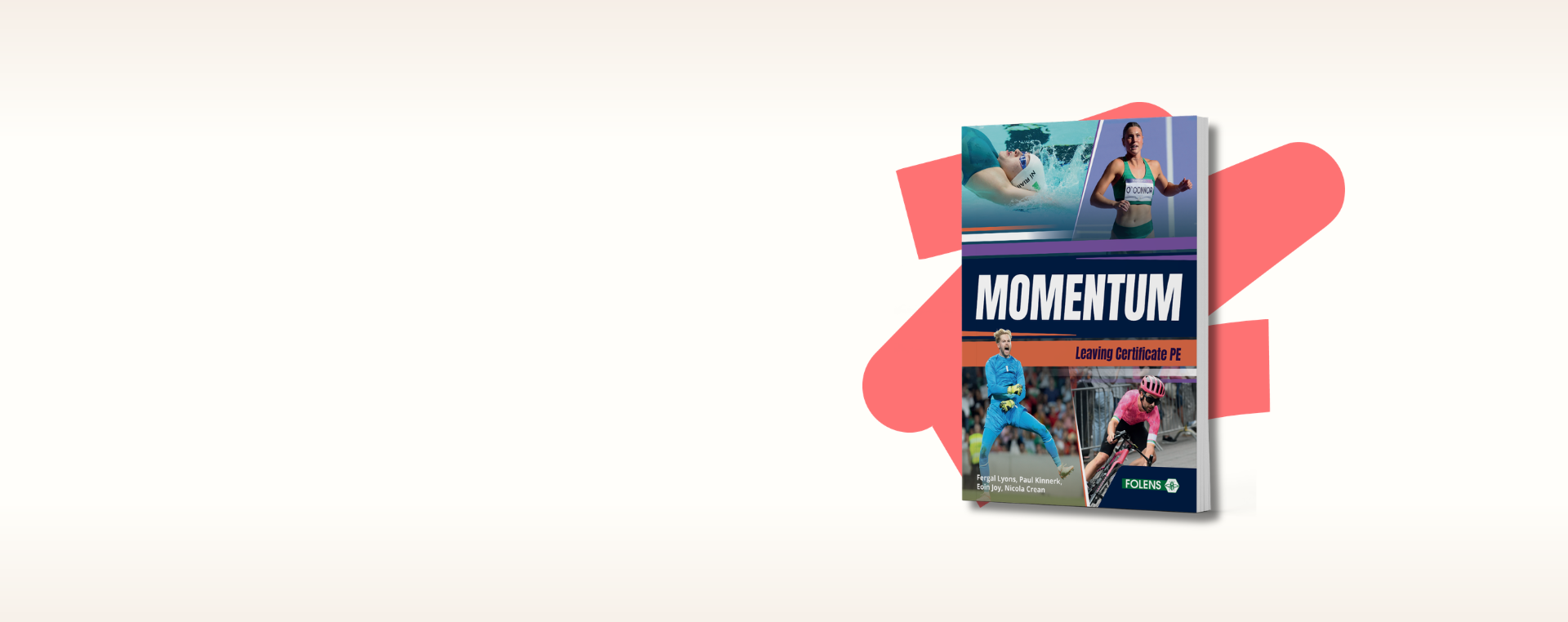 Momentum Leaving Certificate PE textbook featuring athletes swimming, running, playing soccer and cycling
