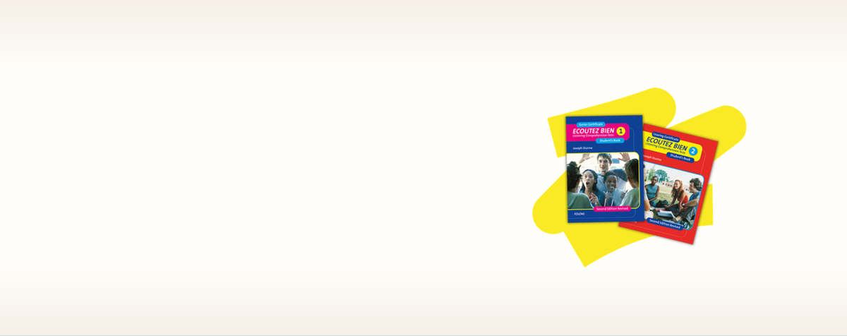 Ecoutez Bien Book covers on a yellow abstract shape against a light cream background.