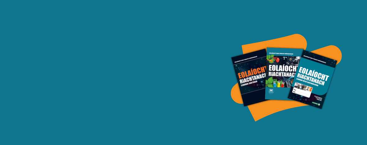 Eolaiocht Riachtanachr Books are displayed on a stylized orange shape against a solid teal background.