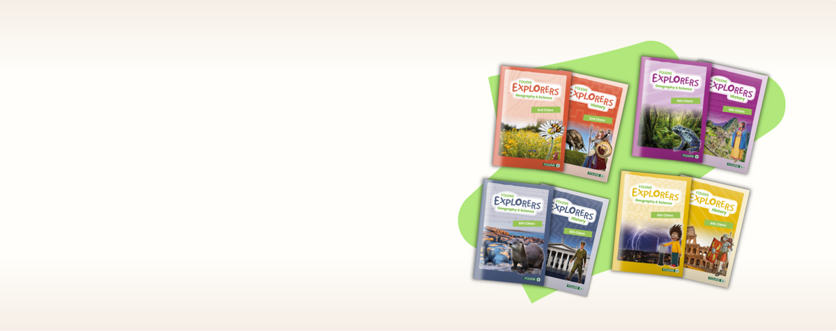 Five colorful educational booklets from Explorers for Geography & Science arranged on a green abstract shape against a light beige background.