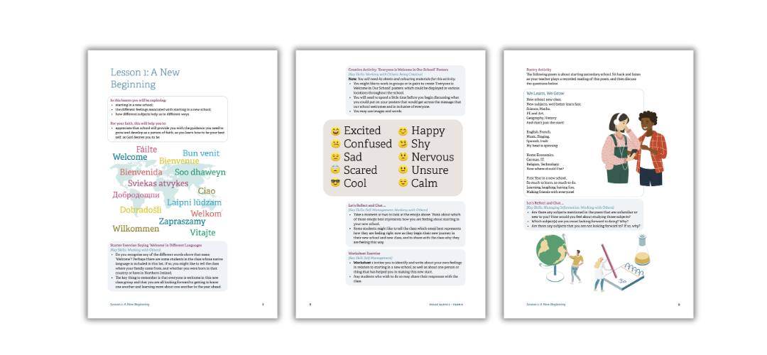 Fully Alive inside pages showing lessons, vocabulary, feelings, and illustrated classroom activities
