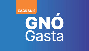 Cover of Gnó Gasta Leabhar Scileanna agus Cuntas, Eagrán 2, with bold white text on a green-to-blue gradient background.