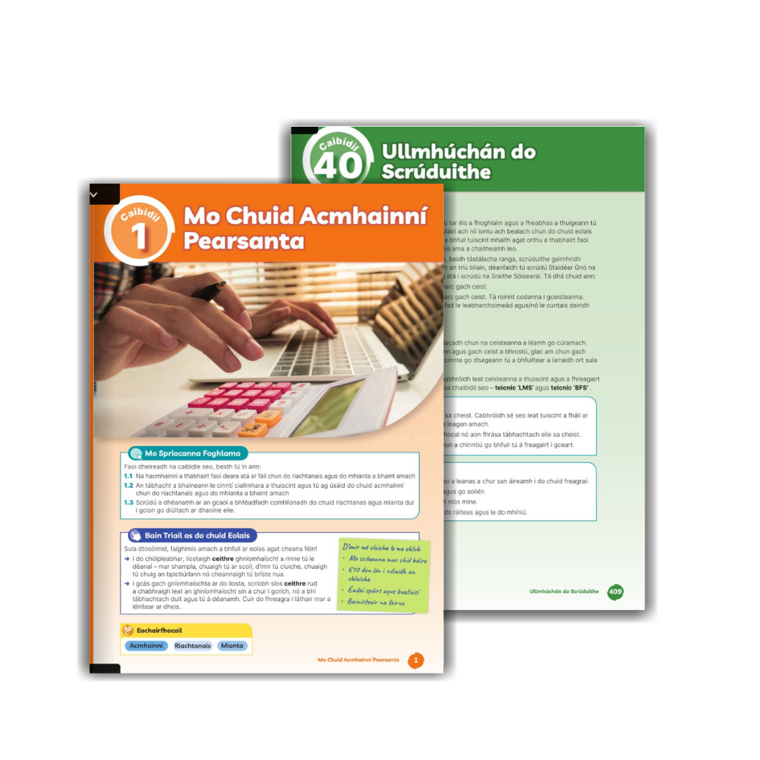 Gnó Gasta Irish-language business studies workbook with a preview of colourful, structured inside pages.