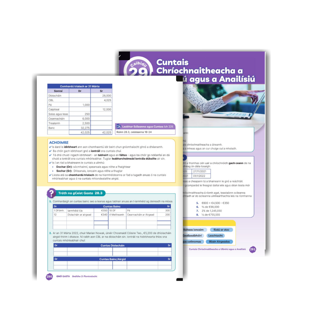 Gnó Gasta Irish-language business studies workbook with a preview of colourful, structured inside pages.
