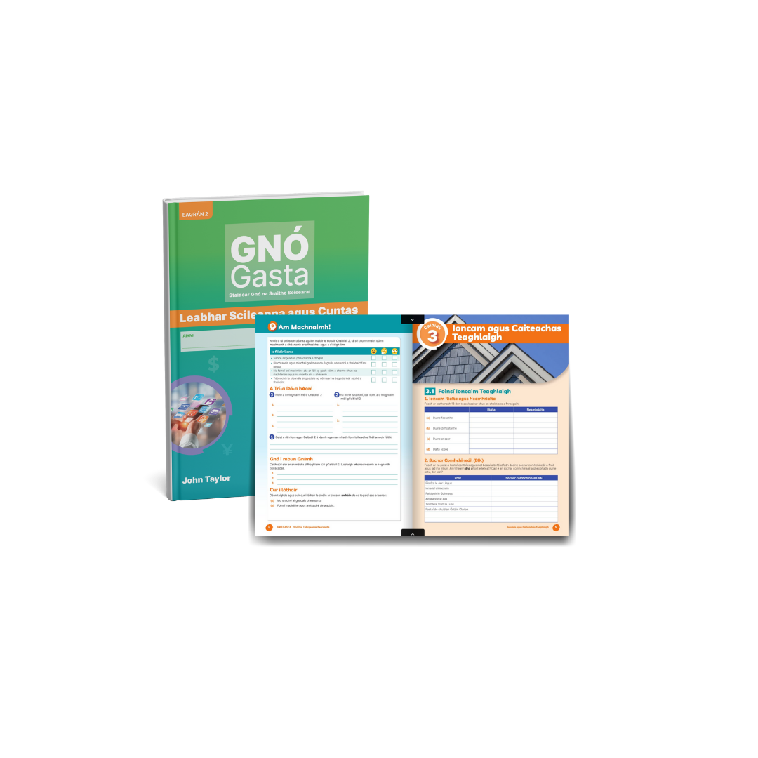Gnó Gasta Irish-language business studies workbook with a preview of colourful, structured inside pages.