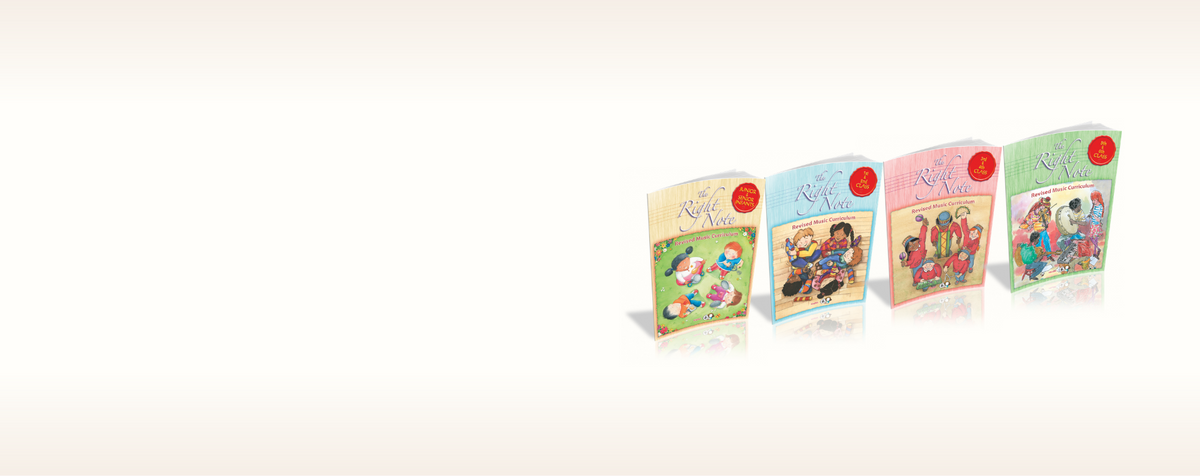 Four Folens The Right Note primary music curriculum books featuring colourful illustrations of children making music
