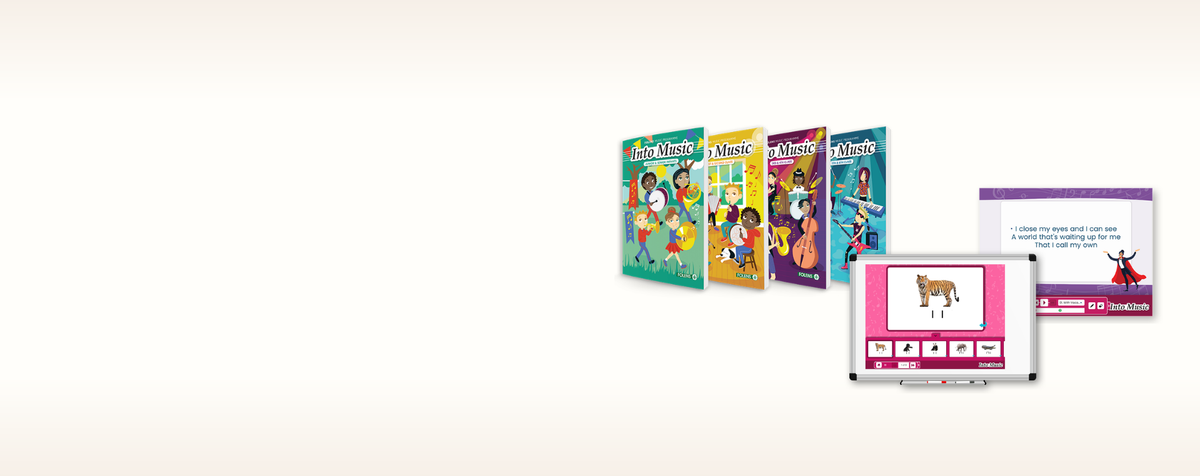 Folens Into Music primary music programme with four colourful textbooks and interactive digital learning resources
