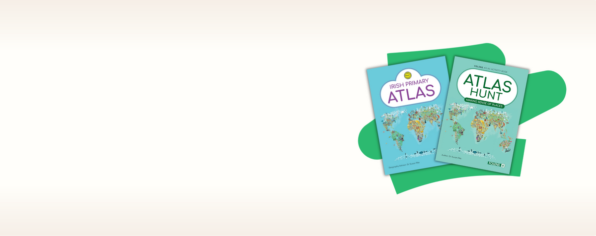 Folens Irish Primary Atlas and Atlas Hunt activity book featuring colourful world maps for primary geography
