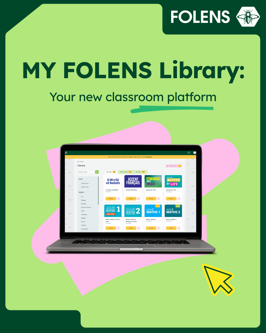 My Folens Library new classroom platform displayed on laptop screen with digital textbook dashboard
