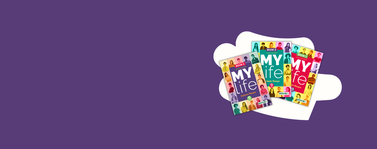 Three colorful 'My Life' book covers fanned out on a white cloud-shaped graphic against a solid purple background.