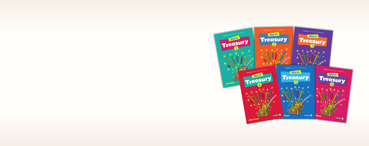 Five colorful 'Treasury' book covers fanned out on a light beige background. The books feature different vibrant cover colors including teal, orange, purple, red, blue, and pink, each with the title 'Treasury' in white text.