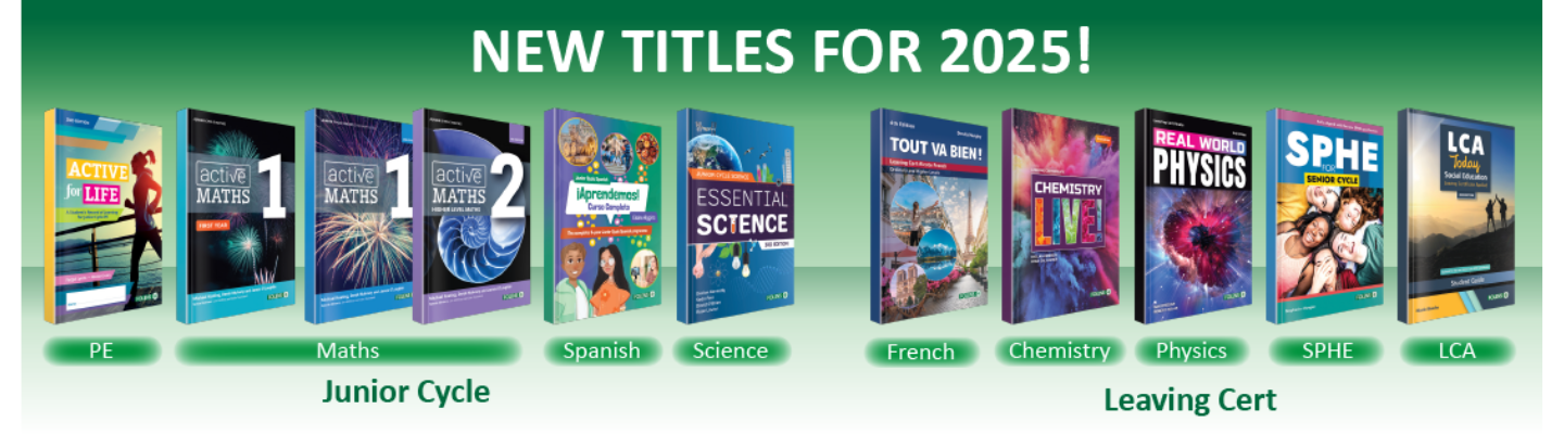 Display of new post-primary book titles for 2025, covering Junior Cycle and Leaving Cert subjects like maths, science, and languages.