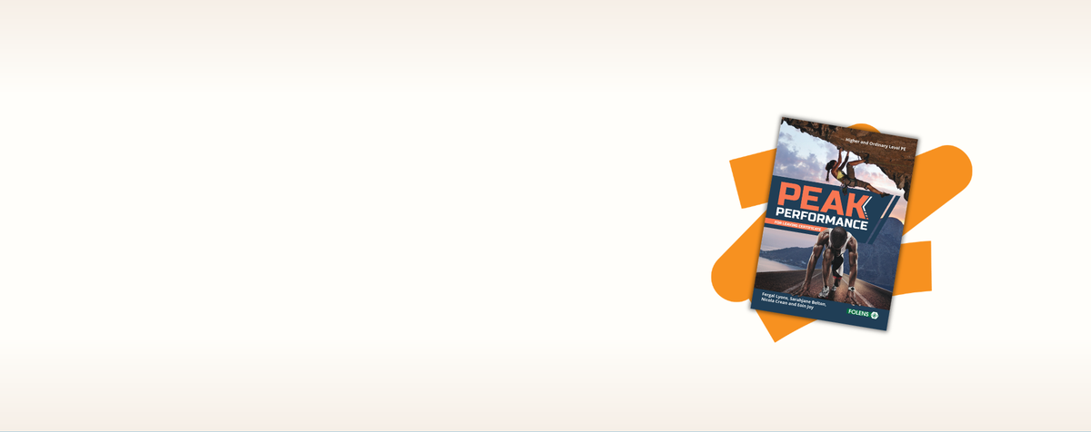 PEAK PERFORMANCE textbook placed on top of orange abstract shapes against a plain light background.