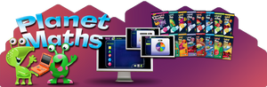 Planet Maths educational software and book set promotional graphic featuring cartoon green aliens, a computer monitor, tablets, and multiple colorful book covers on a purple background.