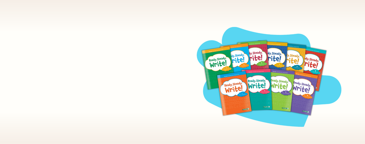 A set of colorful 'Ready, Steady, Write!' educational booklets fanned out on a light blue splash shape against a white background.