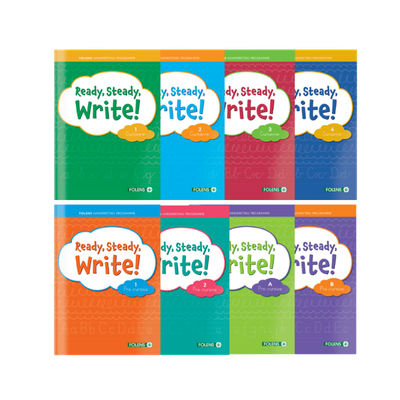 Eight colorful 'Ready, Steady, Write!' textbooks with bright gradient covers in green, blue, pink, orange, teal, lime green, and purple.