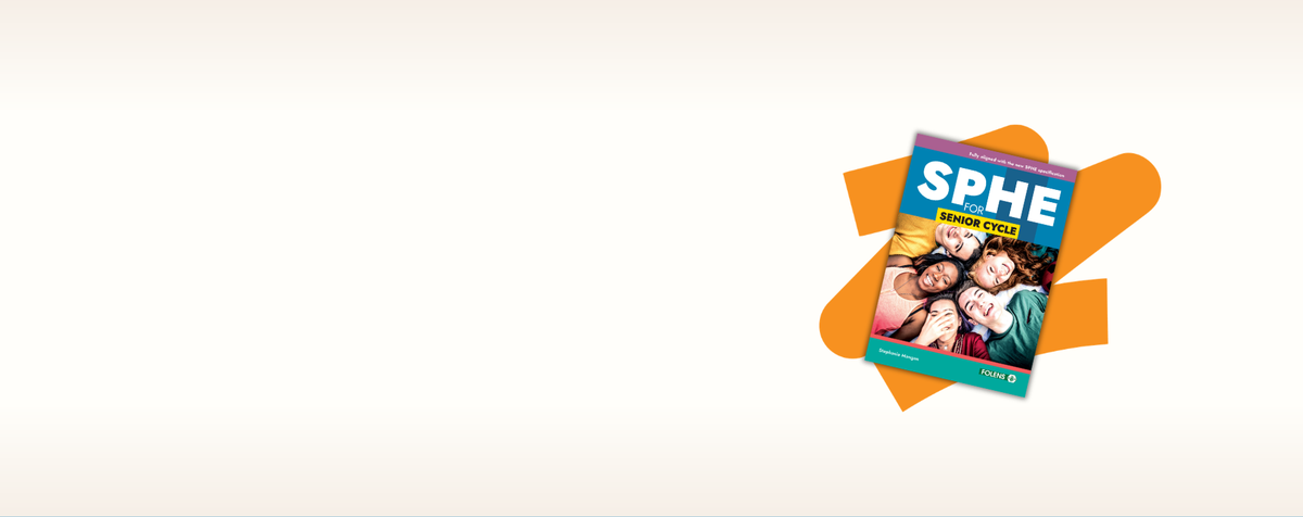 SPHE for Senior Cycle textbook with a colorful cover photo of children, placed on top of orange abstract shapes against a light cream background