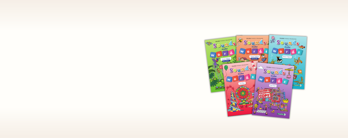 Five colorful children's activity books titled 'Sounds Make Words' fanned out on a plain white background.