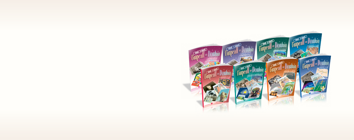 A group of colorful textbooks 'Timpeall an Domhain' arranged in a fan shape on a plain white background.