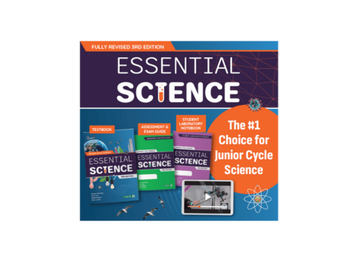 Essential Science textbooks, assessment guide, and lab notebook for Junior Cycle Science