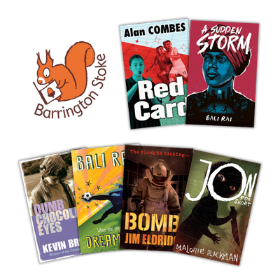 Barrington Stoke logo with six dyslexia-friendly books for young readers, including Red Card, A Sudden Storm and Bomb

