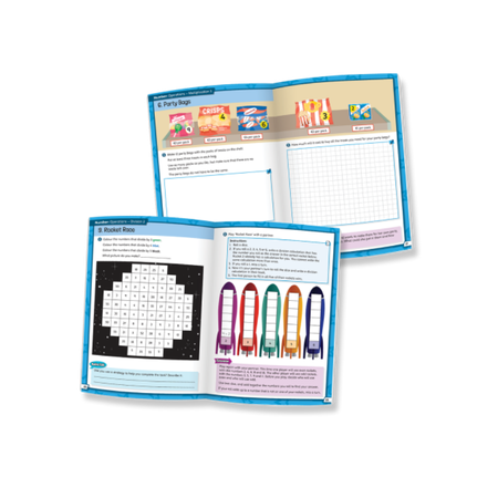 Two open children's activity books with blue borders, showing colorful printed pages including a party bag activity and a rocket-themed section, on a white background.