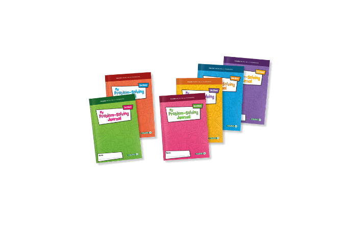 Six colorful spring study journals from 'My Problem-Solving Journal' arranged in a fan shape on a plain white background.