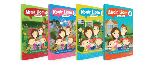 Four brightly illustrated Abair Liom Second Edition books for junior primary Irish language education.