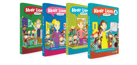 Four brightly illustrated Abair Liom Second Edition books for junior primary Irish language education.