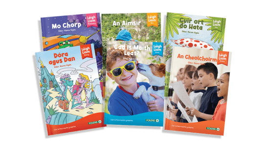 Selection of Folens Primary Leigh Liom fiction books with colourful covers arranged in two rows
