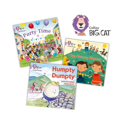 Collins Big Cat logo with three colourful early reading books: Party Time, I Spy Nursery Rhymes and Humpty Dumpty
