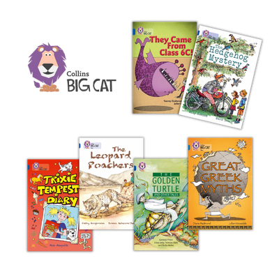 Collins Big Cat logo with six colourful children’s reading books, including Great Greek Myths and The Golden Turtle
