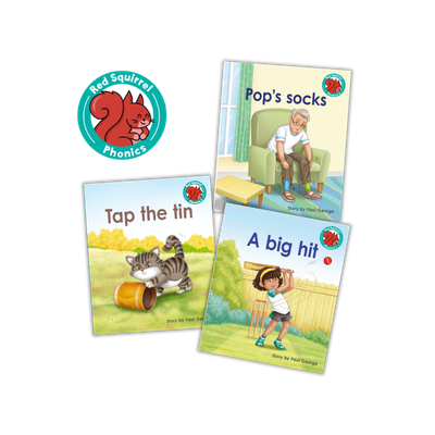 Red Squirrel Phonics logo with three early reading books: Pop’s Socks, Tap the Tin and A Big Hit
