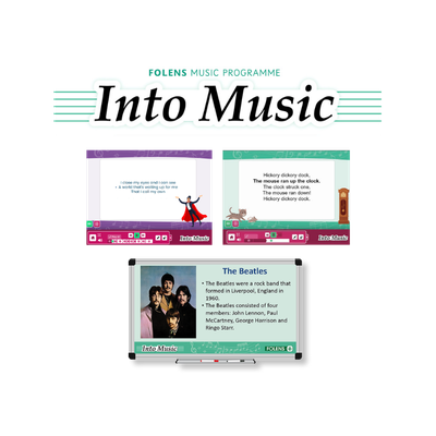 Folens Into Music primary music programme with interactive digital lessons on songs, rhymes and The Beatles
