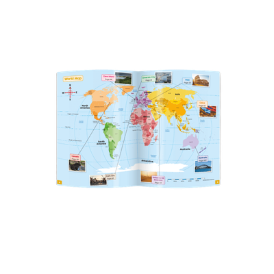 An open world map book spread, showing a colorful world map with labeled continents and small inset photographs of locations, photographed on a plain white background.