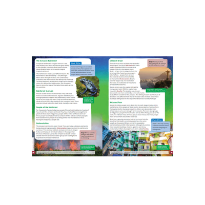 Explorers SESE book spread on the Amazon Rainforest and Brazil, featuring rainforest animals, deforestation, indigenous people, and city life.