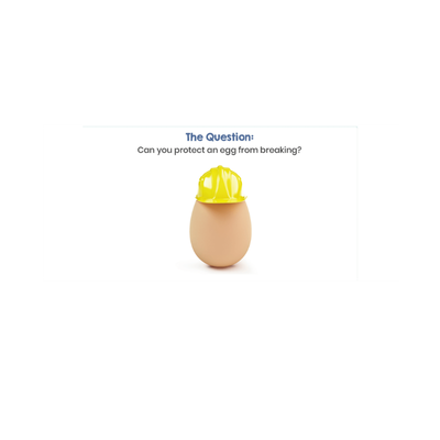 Explorers science challenge image showing an egg wearing a yellow hard hat with the question, “Can you protect an egg from breaking?”