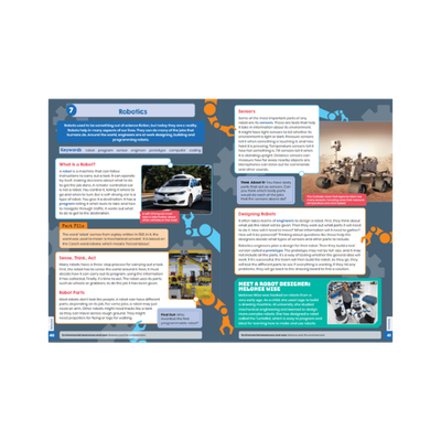 Explorers SESE Robotics spread explaining robot types, sensors, design process, and real-world uses with images of self-driving cars and Mars rovers.