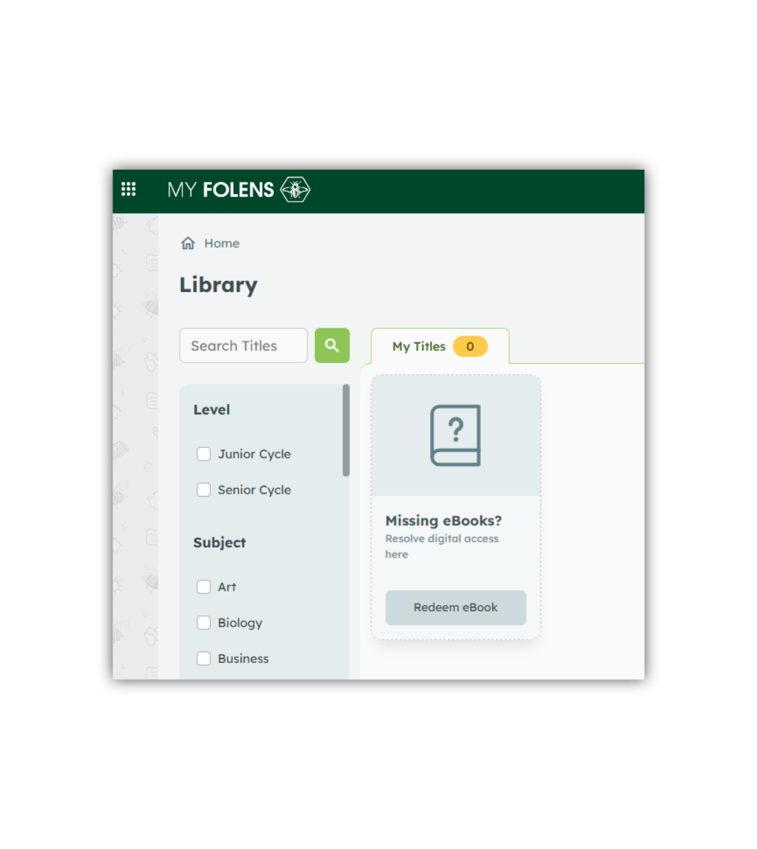 My Folens digital library interface showing filters for cycle level and subject, with an option to redeem missing eBooks.