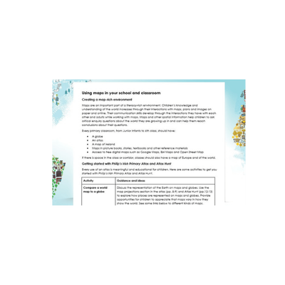 Folens Irish Primary Atlas classroom activity guide on using maps in school, with discussion prompts and teaching activities
