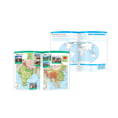 Folens Irish Primary Atlas pages featuring maps of India and China alongside a world map activity page
