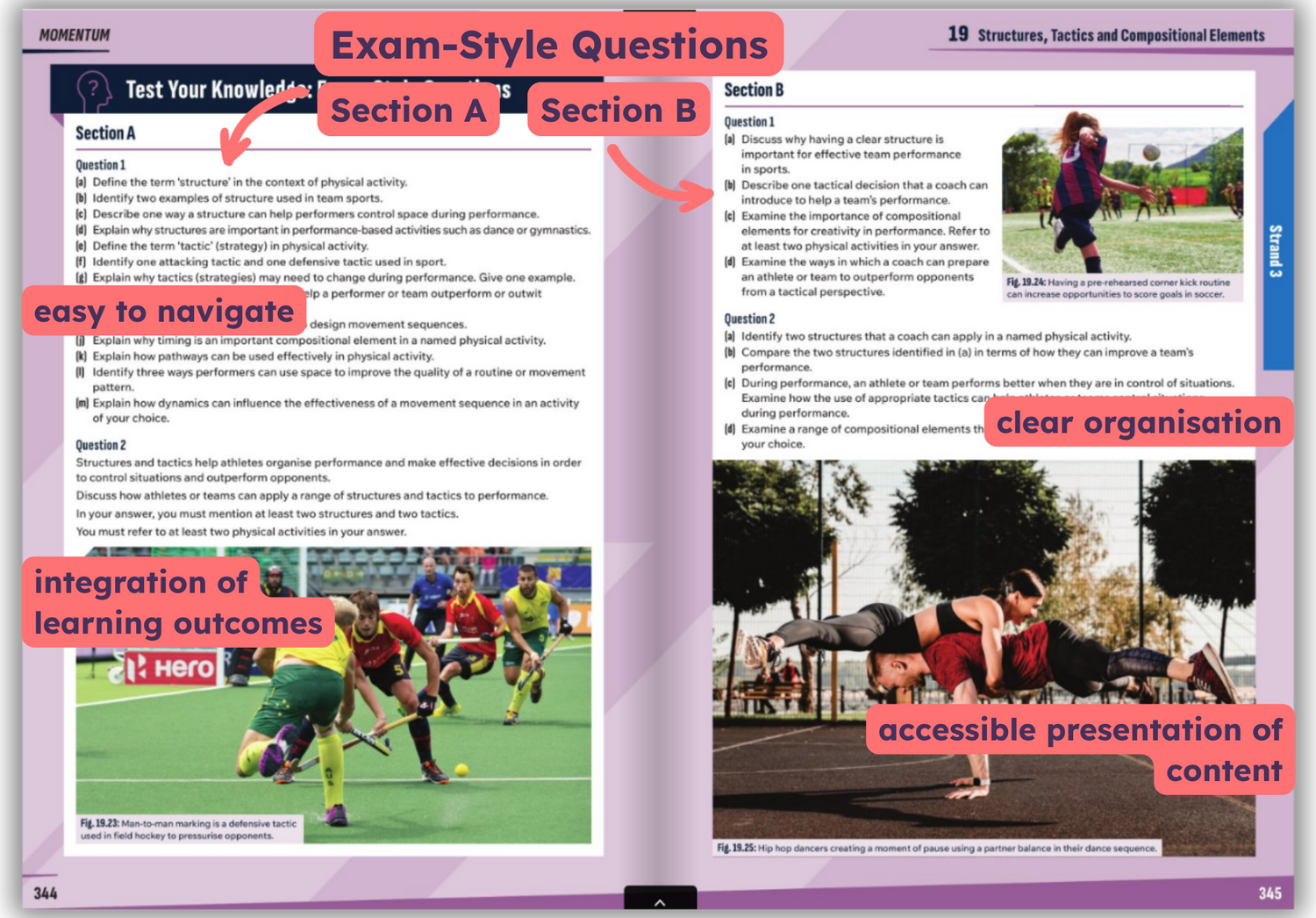 MOMENTUM inside pages with organised exam-style questions, sports photos and accessible learning outcomes