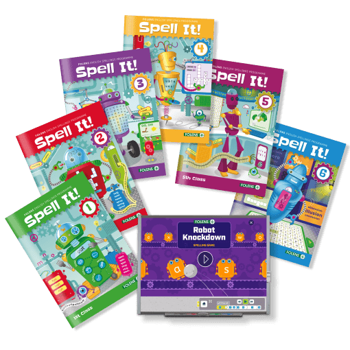 Spell It,  Spellings school books from Folens for 1st class, 2nd class, 3rd class, 4th class, 5th class, 6th class. 